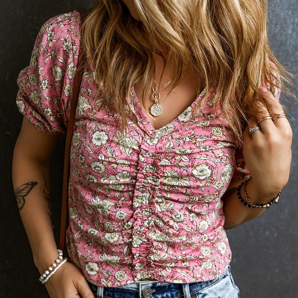 B238 Pink Floral Short Puff Sleeve V Neck Ruched Blouse